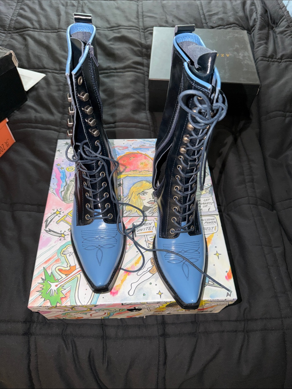 Jeffrey Campbell Two-Tone Pointed Toe Lace-Up Boots In Blue And Black